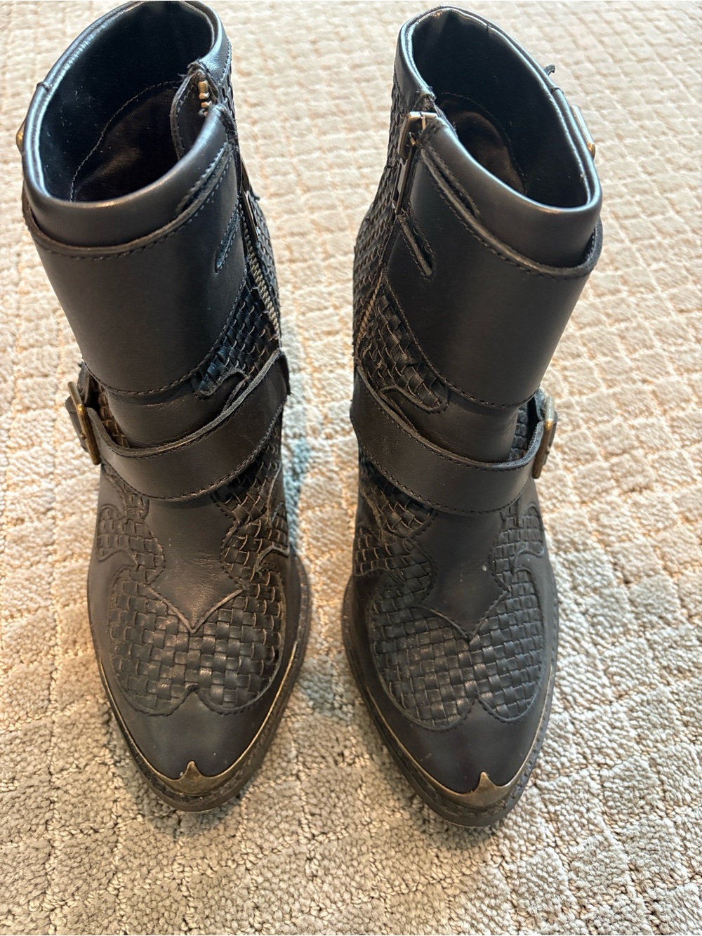 Kensie Black Woven Leather Ankle Boots with Buckle Accent